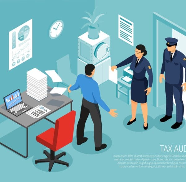 Tax Audit Isometric Composition Tax audit in business office with 2 inspectors and failed meeting deadline accountant isometric composition vector illustration